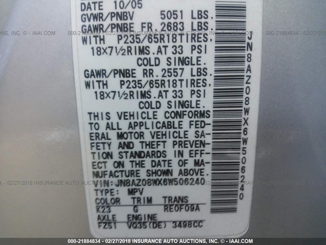 JN8AZ08WX6W506240 - 2006 NISSAN MURANO SL/SE/S GRAY photo 9