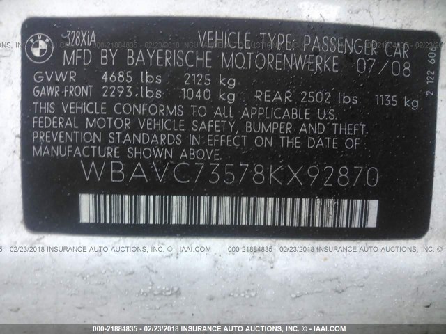 WBAVC73578KX92870 - 2008 BMW 328 XI SULEV WHITE photo 9