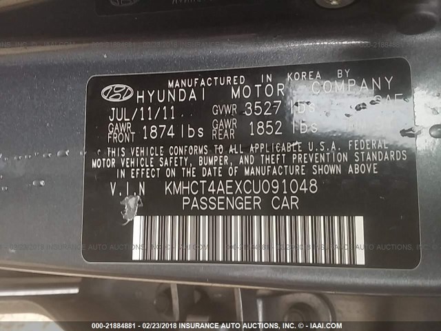 KMHCT4AEXCU091048 - 2012 HYUNDAI ACCENT GLS/GS GRAY photo 9