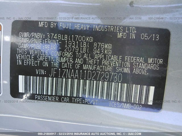 JF1ZNAA11D2729730 - 2013 TOYOTA SCION FR-S ვერცხლისფერი ფოტო 9