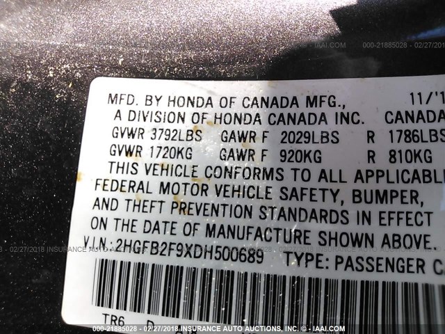 2HGFB2F9XDH500689 - 2013 HONDA CIVIC EXL Pewter photo 9