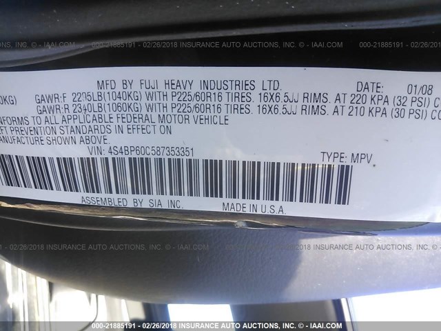 4S4BP60C587353351 - 2008 SUBARU OUTBACK BLACK photo 9