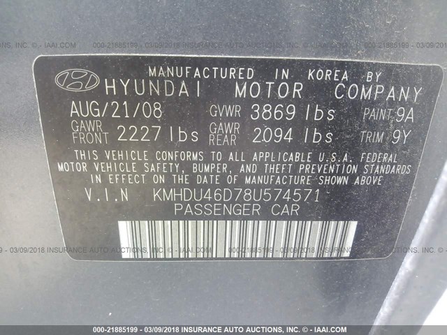 KMHDU46D78U574571 - 2008 HYUNDAI ELANTRA GLS/SE/LIMITED GRAY photo 9