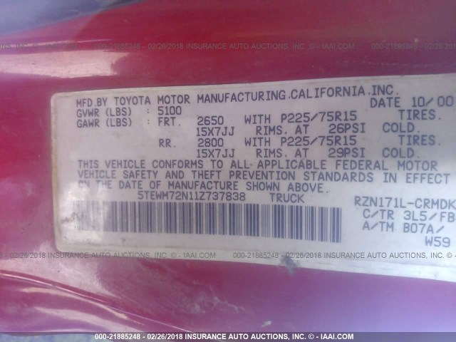 5TEWM72N11Z737838 - 2001 TOYOTA TACOMA XTRACAB RED photo 9