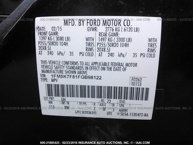 1FM5K7F81FGB98122 - 2015 FORD EXPLORER LIMITED Қара фото 9