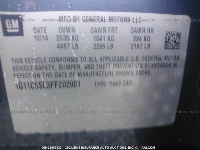 1G11C5SL3FF202961 - 2015 CHEVROLET MALIBU 1LT 蓝色 照片 9