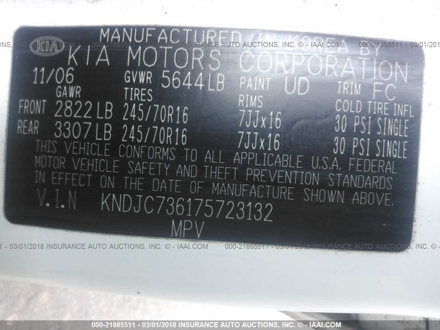 KNDJC736175723132 - 2007 KIA SORENTO EX/LX WHITE photo 9