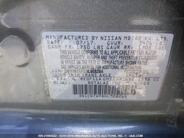 3N1CN7AP8HL908264 - 2017 NISSAN VERSA S/S PLUS/SV/SL GRAY photo 9