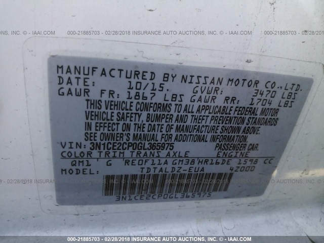 3N1CE2CP0GL365975 - 2016 NISSAN VERSA NOTE S/S PLUS/SV/SL/SR WHITE photo 9