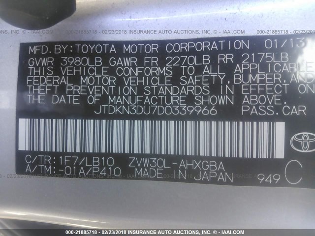 JTDKN3DU7D0339966 - 2013 TOYOTA PRIUS SILVER photo 9