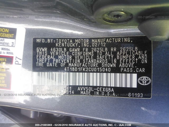 4T1BD1FK2CU015040 - 2012 TOYOTA CAMRY HYBRID/LE/XLE 灰色 照片 9