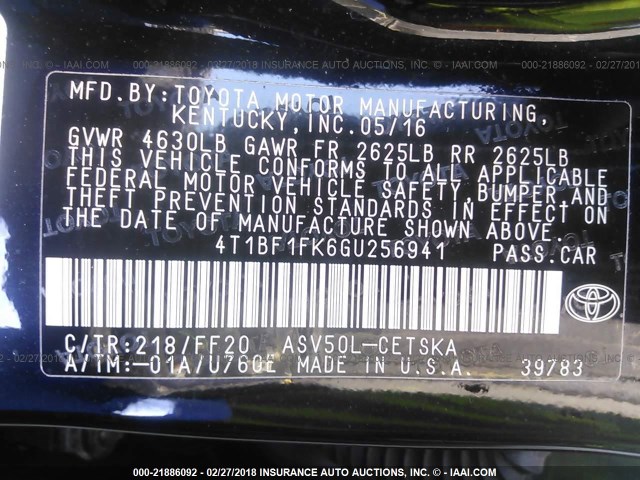 4T1BF1FK6GU256941 - 2016 TOYOTA CAMRY LE/XLE/SE/XSE შავი ფოტო 9