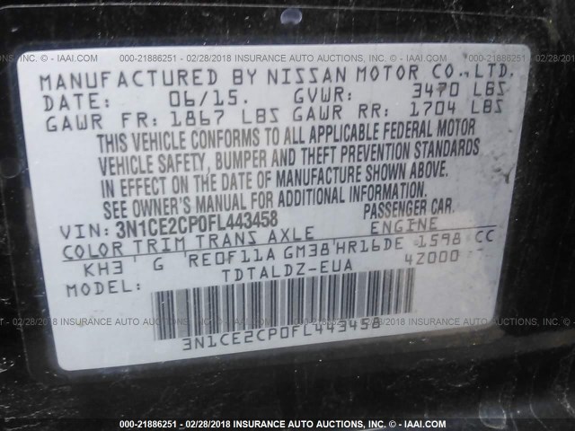 3N1CE2CP0FL443458 - 2015 NISSAN VERSA NOTE S/S PLUS/SV/SL/SR BLACK photo 9