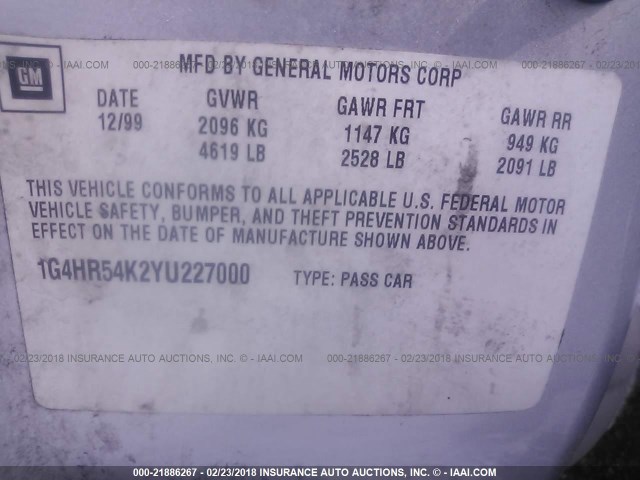 1G4HR54K2YU227000 - 2000 BUICK LESABRE LIMITED SILVER photo 9