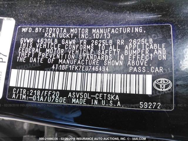 4T1BF1FK7EU746494 - 2014 TOYOTA CAMRY L/SE/LE/XLE 黑色 照片 9