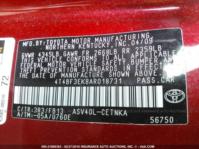 4T4BF3EK8AR018731 - 2010 TOYOTA CAMRY SE/LE/XLE RED photo 9