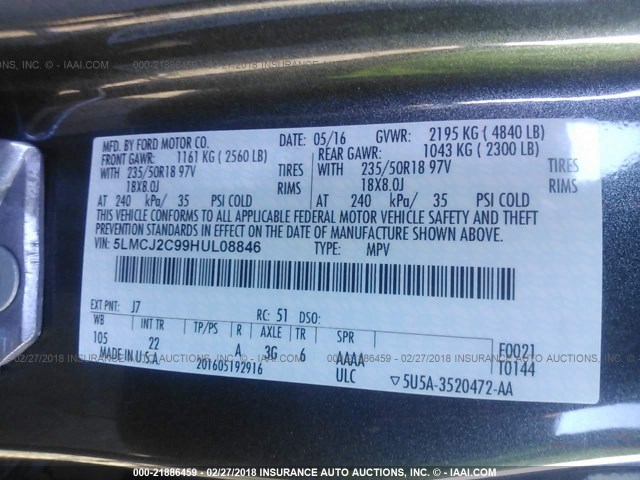 5LMCJ2C99HUL08846 - 2017 LINCOLN MKC SELECT GRAY photo 9