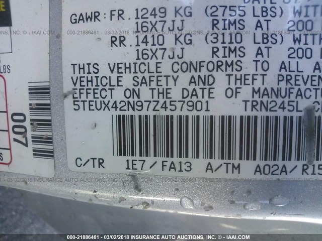 5TEUX42N97Z457901 - 2007 TOYOTA TACOMA ACCESS CAB SILVER photo 9