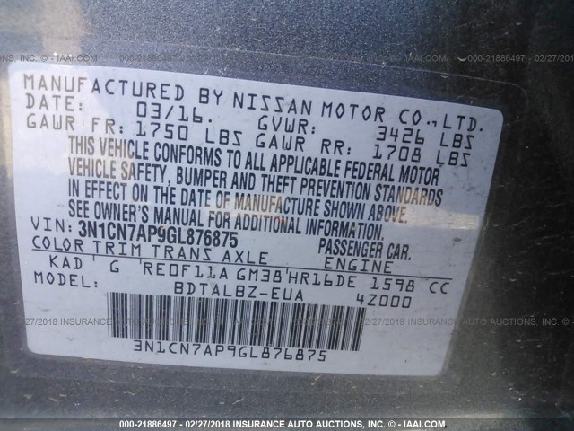 3N1CN7AP9GL876875 - 2016 NISSAN VERSA S/S PLUS/SV/SL GRAY photo 9