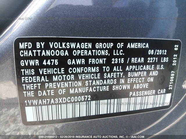 1VWAH7A3XDC000572 - 2013 VOLKSWAGEN PASSAT S GRAY photo 9