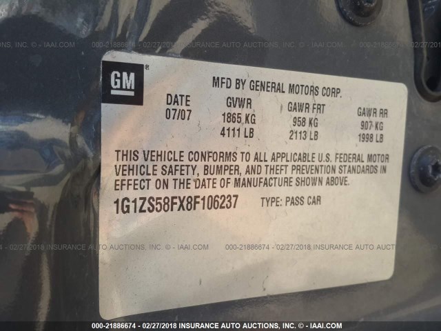 1G1ZS58FX8F106237 - 2008 CHEVROLET MALIBU LS GRAY photo 9