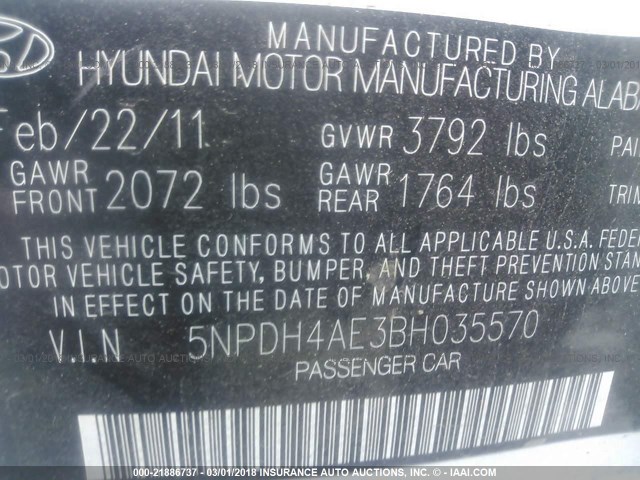 5NPDH4AE3BH035570 - 2011 HYUNDAI ELANTRA GLS/LIMITED WHITE photo 9