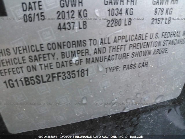 1G11B5SL2FF335181 - 2015 CHEVROLET MALIBU LS 黑色 照片 9