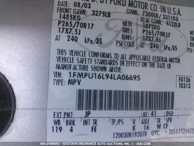 1FMPU16L94LA06695 - 2004 FORD EXPEDITION XLT ბეჟი ფოტო 9