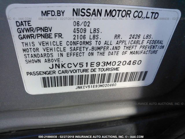 JNKCV51E93M020460 - 2003 INFINITI G35 SILVER photo 9