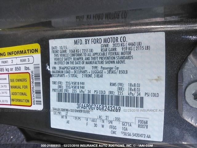 3FA6P0G76GR243269 - 2016 FORD FUSION S GRAY photo 9