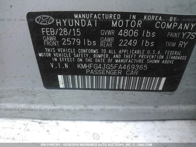 KMHFG4JG5FA469365 - 2015 HYUNDAI AZERA SILVER photo 9