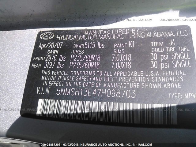 5NMSH13E47H098703 - 2007 HYUNDAI SANTA FE SE/LIMITED SILVER photo 9