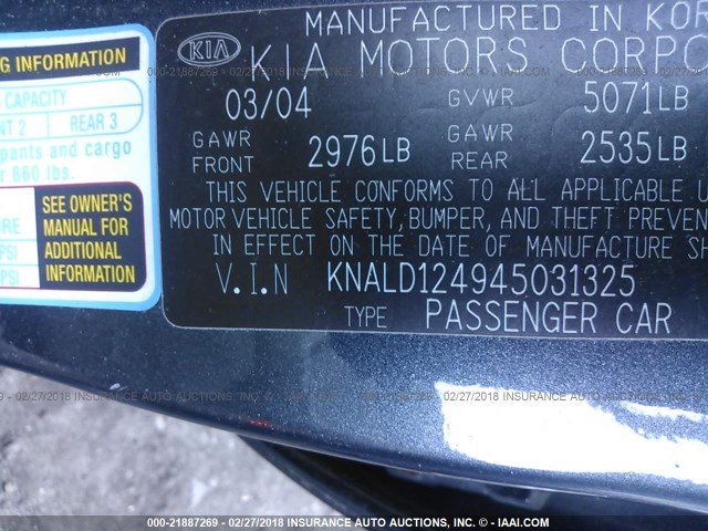 KNALD124945031325 - 2004 KIA AMANTI GRAY photo 9