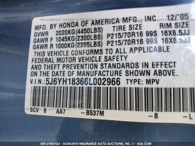 5J6YH18366L002966 - 2006 HONDA ELEMENT LX BLUE photo 9