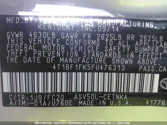 4T1BF1FK5FU476313 - 2015 TOYOTA CAMRY LE/XLE/SE/XSE ვერცხლისფერი ფოტო 9