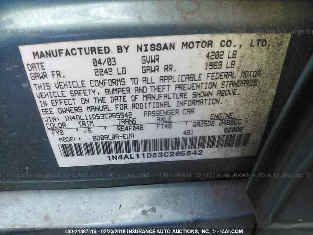 1N4AL11D53C265542 - 2003 NISSAN ALTIMA S/SL GREEN photo 9