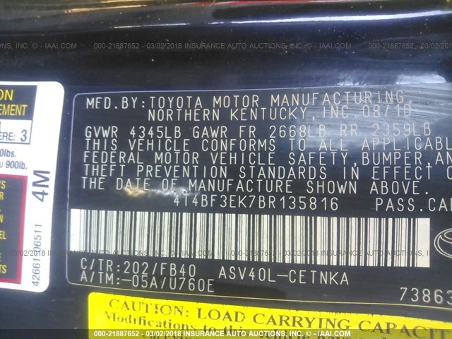 4T4BF3EK7BR135816 - 2011 TOYOTA CAMRY SE/LE/XLE BLACK photo 9