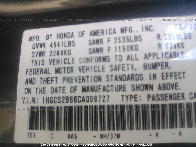 1HGCS2B86CA009727 - 2012 HONDA ACCORD EXL GRAY photo 9