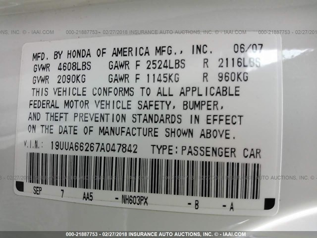 19UUA66267A047842 - 2007 ACURA TL WHITE photo 9