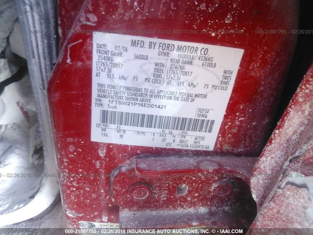 1FTSW21P16ED01421 - 2006 FORD F250 SUPER DUTY RED photo 9