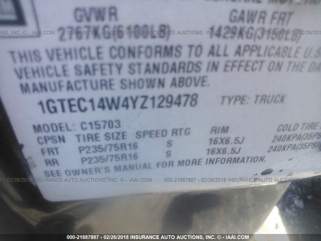 1GTEC14W4YZ129478 - 2000 GMC NEW SIERRA C1500 GRAY photo 9