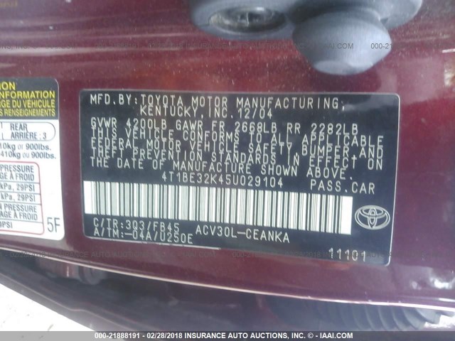 4T1BE32K45U029104 - 2005 TOYOTA CAMRY LE/XLE/SE 红色 照片 9