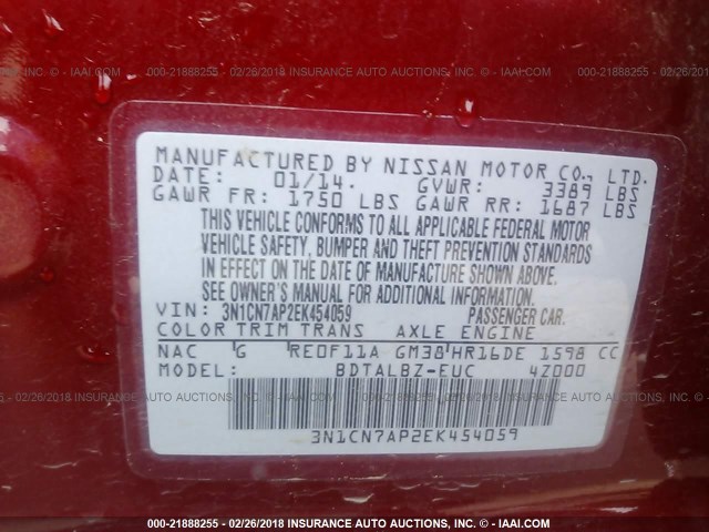 3N1CN7AP2EK454059 - 2014 NISSAN VERSA S/S PLUS/SV/SL RED photo 9