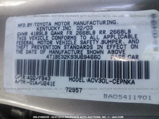 4T1BE32K93U694660 - 2003 TOYOTA CAMRY LE/XLE/SE TAN photo 9
