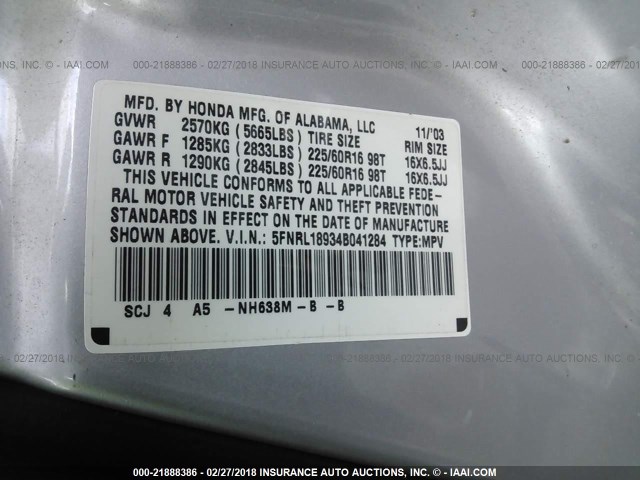 5FNRL18934B041284 - 2004 HONDA ODYSSEY EXL ვერცხლისფერი ფოტო 9