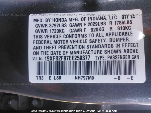 19XFB2F97EE259377 - 2014 HONDA CIVIC EXL GRAY photo 9