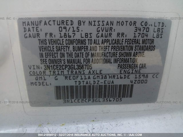 3N1CE2CP3GL356705 - 2016 NISSAN VERSA NOTE S/S PLUS/SV/SL/SR WHITE photo 9