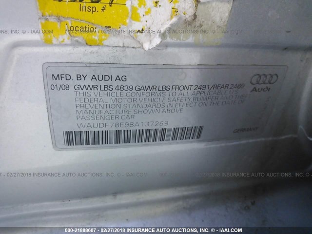 WAUDF78E98A137269 - 2008 AUDI A4 2.0T QUATTRO SILVER photo 9