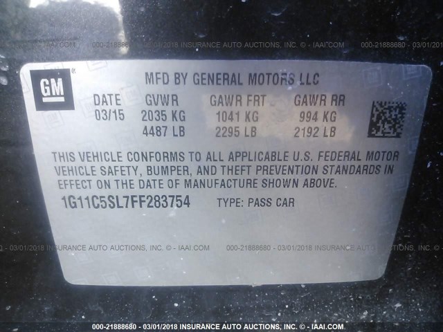 1G11C5SL7FF283754 - 2015 CHEVROLET MALIBU 1LT 灰色 照片 9