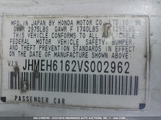 JHMEH6162VS002962 - 1997 HONDA CIVIC DEL SOL SI WHITE photo 9